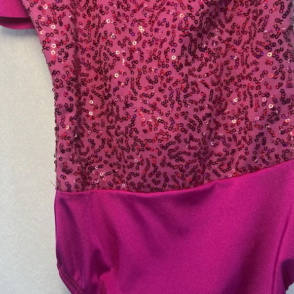 Kids One-Shoulder Dance Leotard Sequins Ruffled Neckline Pink Size Small Child - Picture 5 of 13